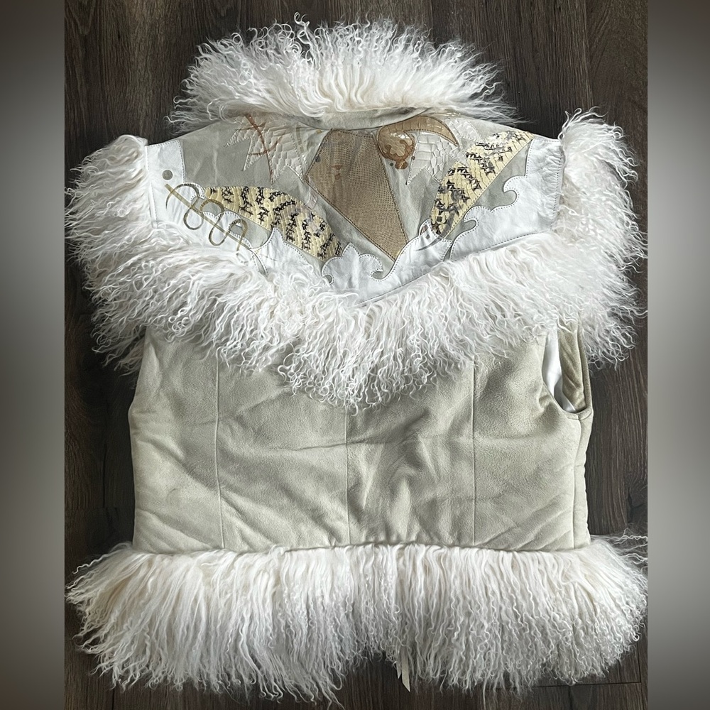 Vintage Char and Sher Designs Suede, Mixed Leather, and Mongolian Lamb Fur Vest - Picture 3 of 8